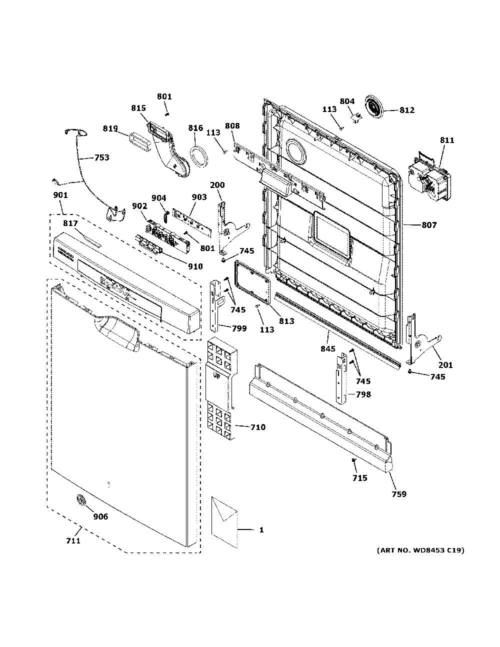 Escutcheon & door assembly Diagram and Parts List for GDF510PGM5WW  General Electric Dishwasher
