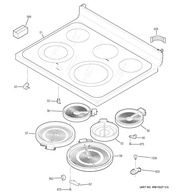 Cooktop Diagram and Parts List for JB650DF4CC  General Electric Range