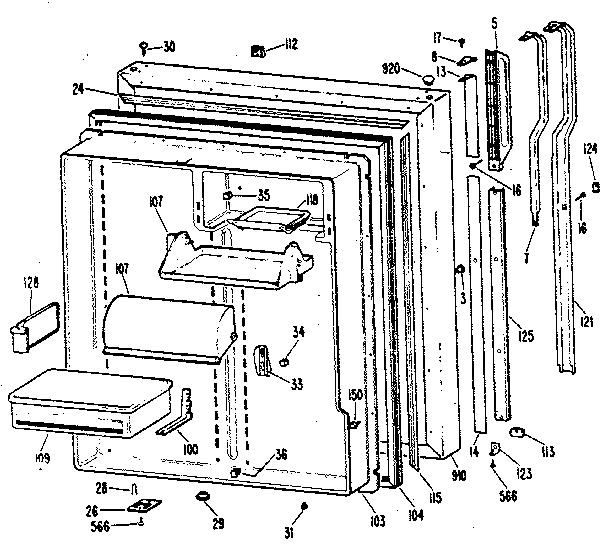 Fresh Food Door Diagram and Parts List for TBX25RKB  General Electric Refrigerator