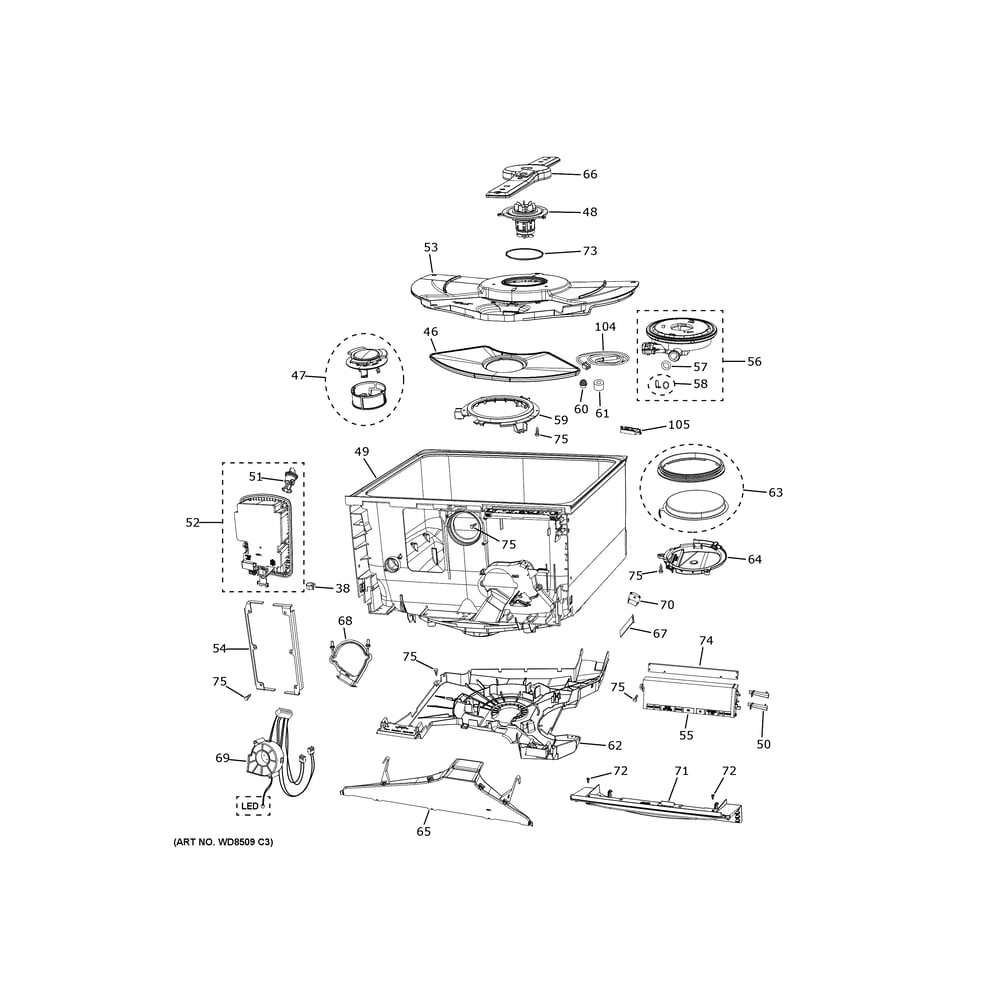 Tub And Motor Diagram and Parts List for CDD220P3W0D1  General Electric Dishwasher