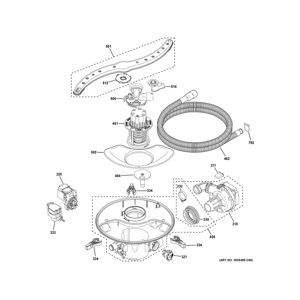 Motor, Sump And Filter Assembly Diagram and Parts List for GDT670SYV3FS  General Electric Dishwasher