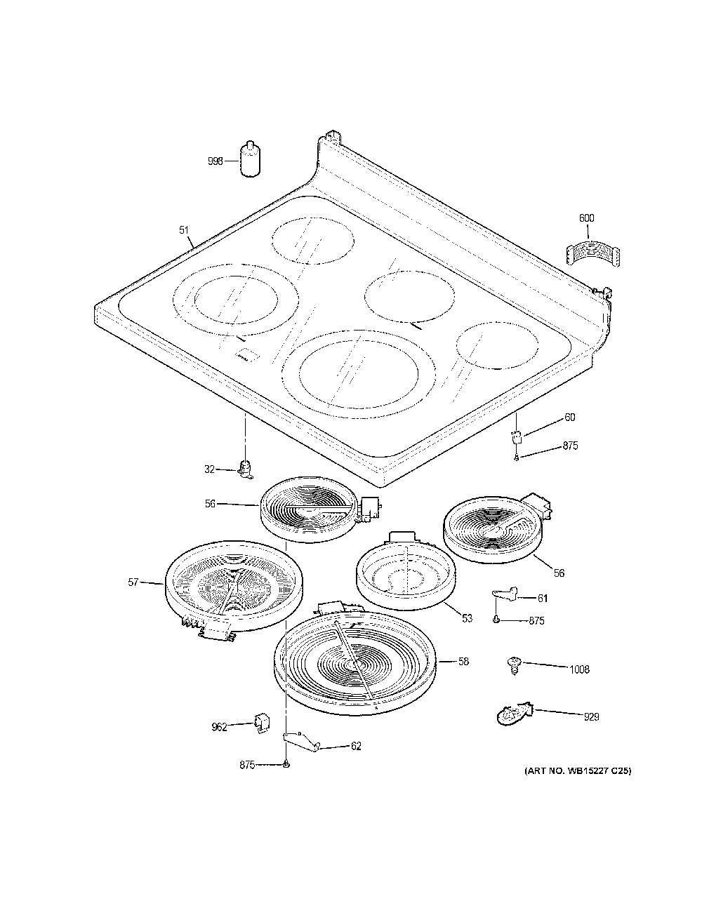 Cooktop Diagram and Parts List for JB655DK6WW  General Electric Range