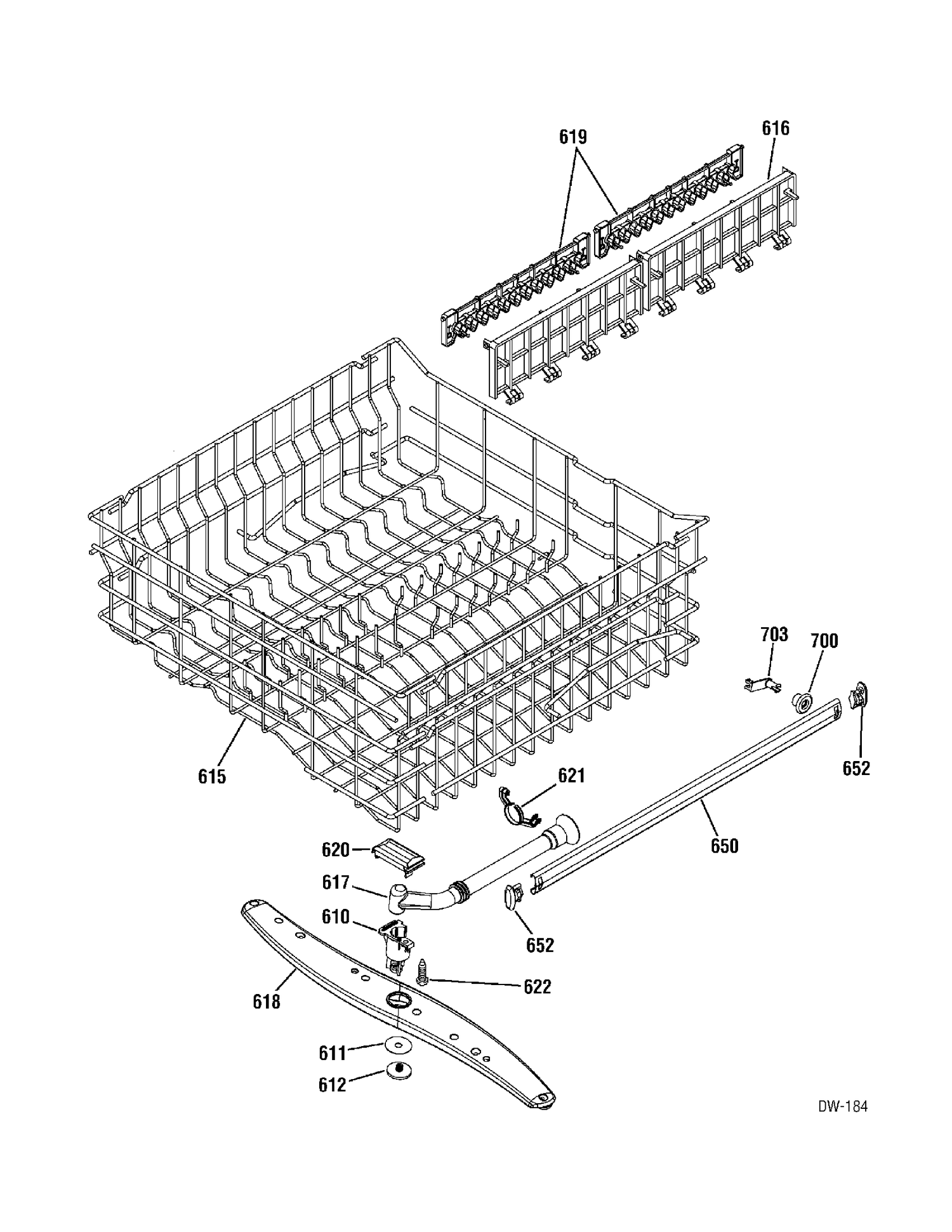 UPPER RACK Diagram and Parts List for EDW8311J00BB  General Electric Dishwasher