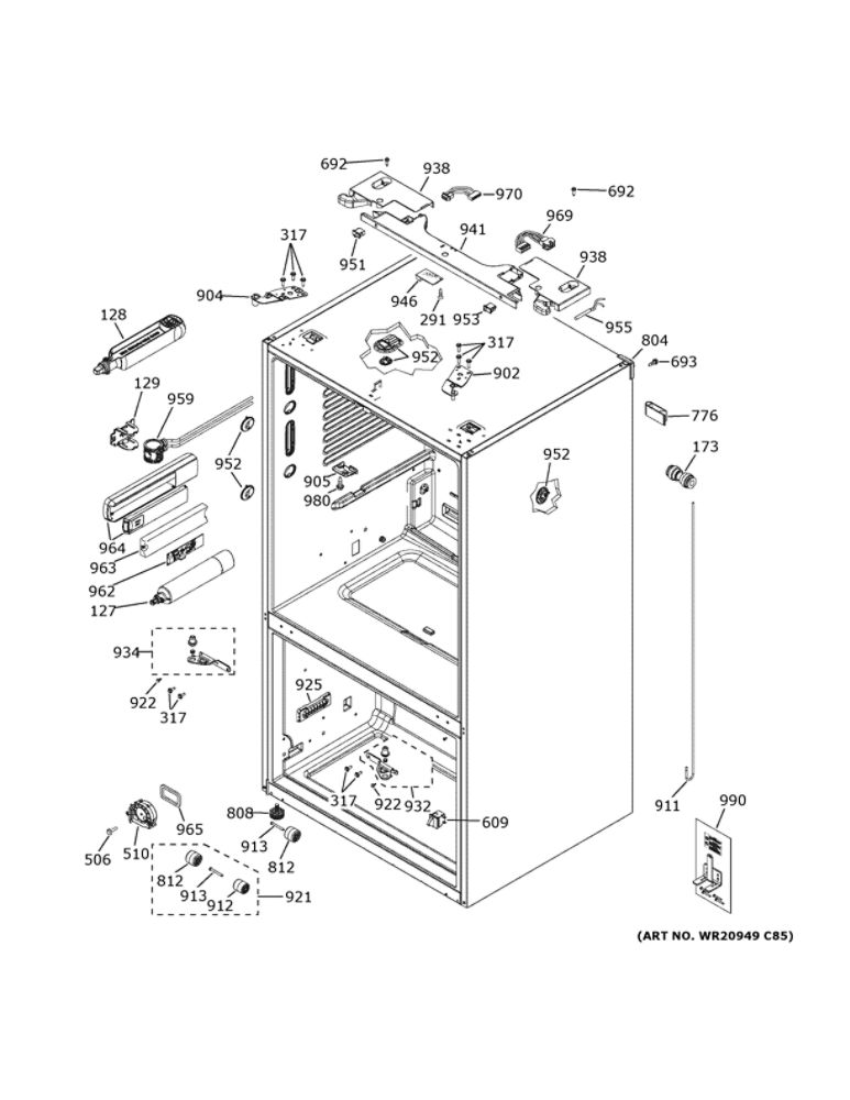 Case Parts Diagram and Parts List for GYE22GENCDS  General Electric Refrigerator