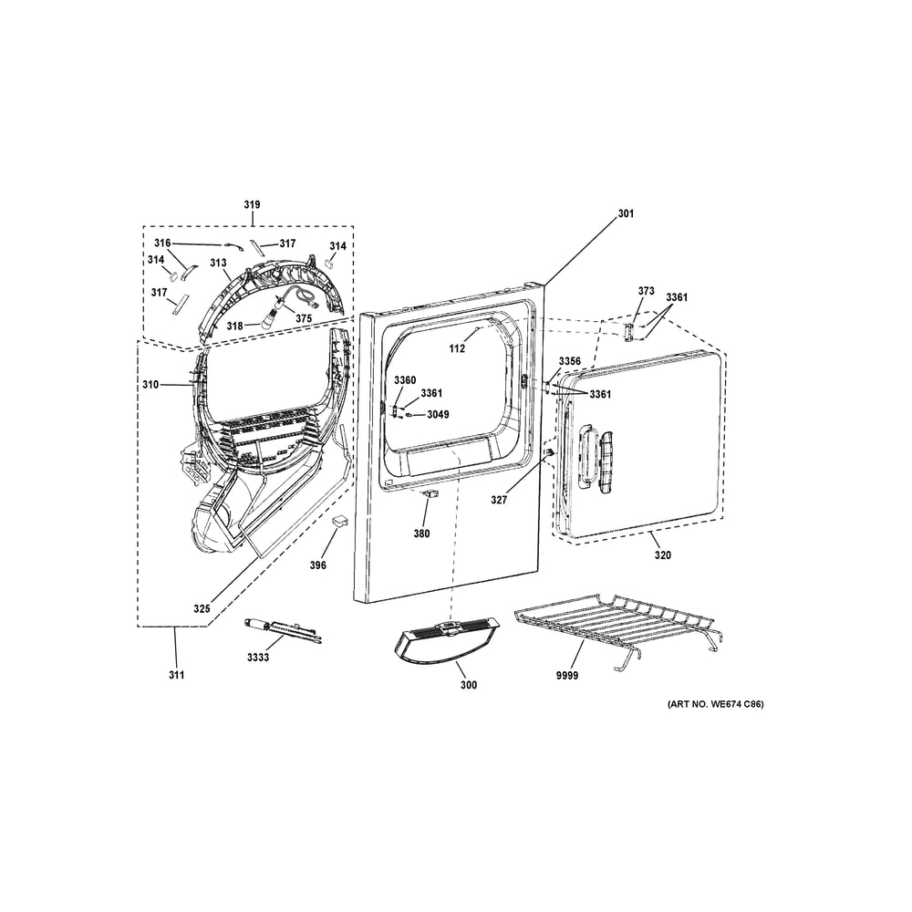 Front Panel And Door Diagram and Parts List for XTD72E8ST1WS  General Electric Dryer