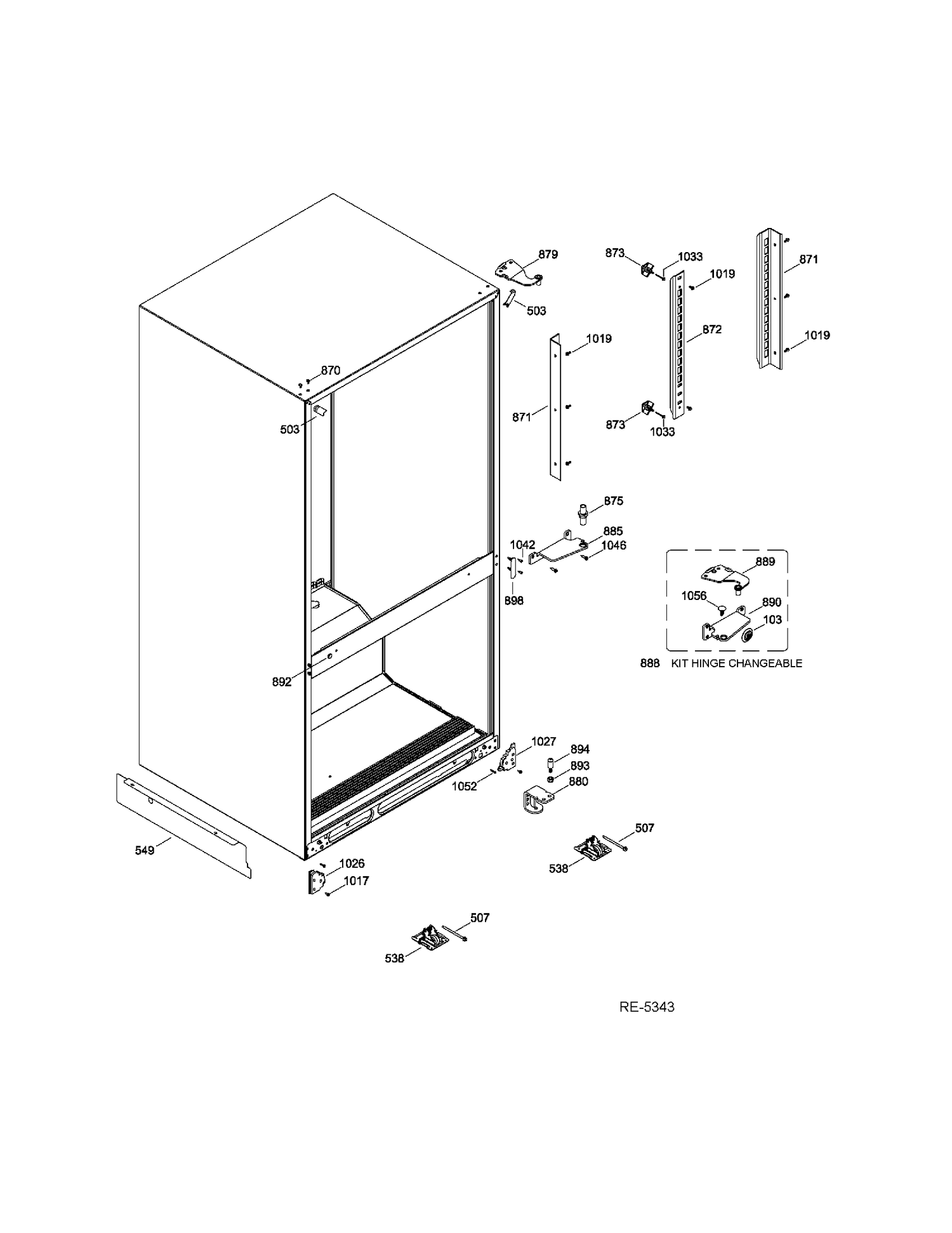 HINGE PARTS Diagram and Parts List for GBRS0GAXFRBS  General Electric Refrigerator
