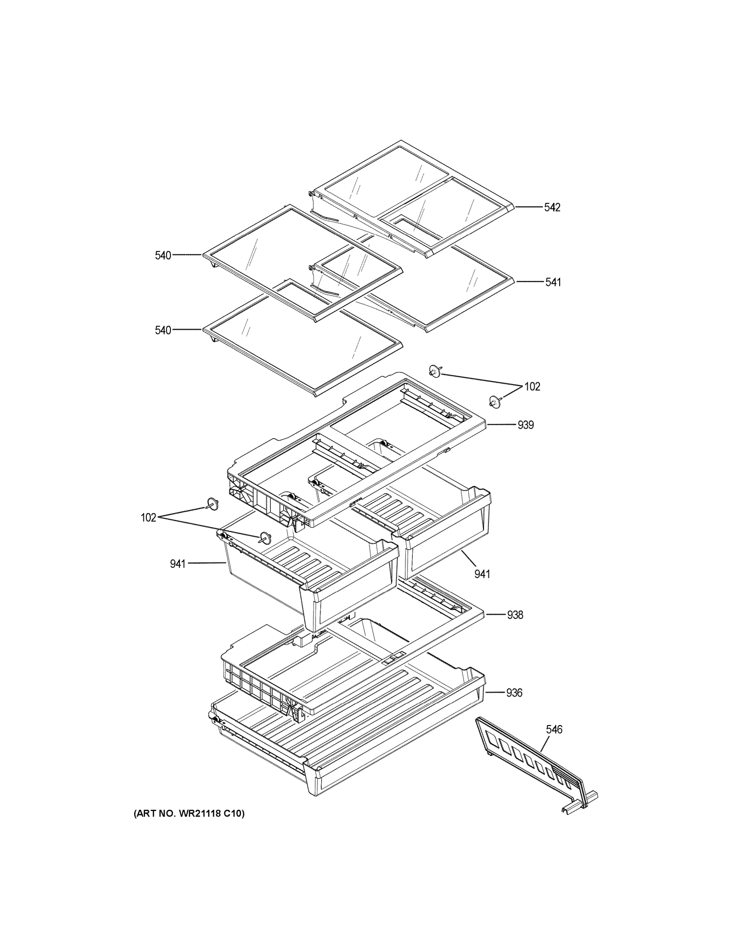 FRESH FOOD SHELVES Diagram and Parts List for GYE18JMLAFES  General Electric Refrigerator