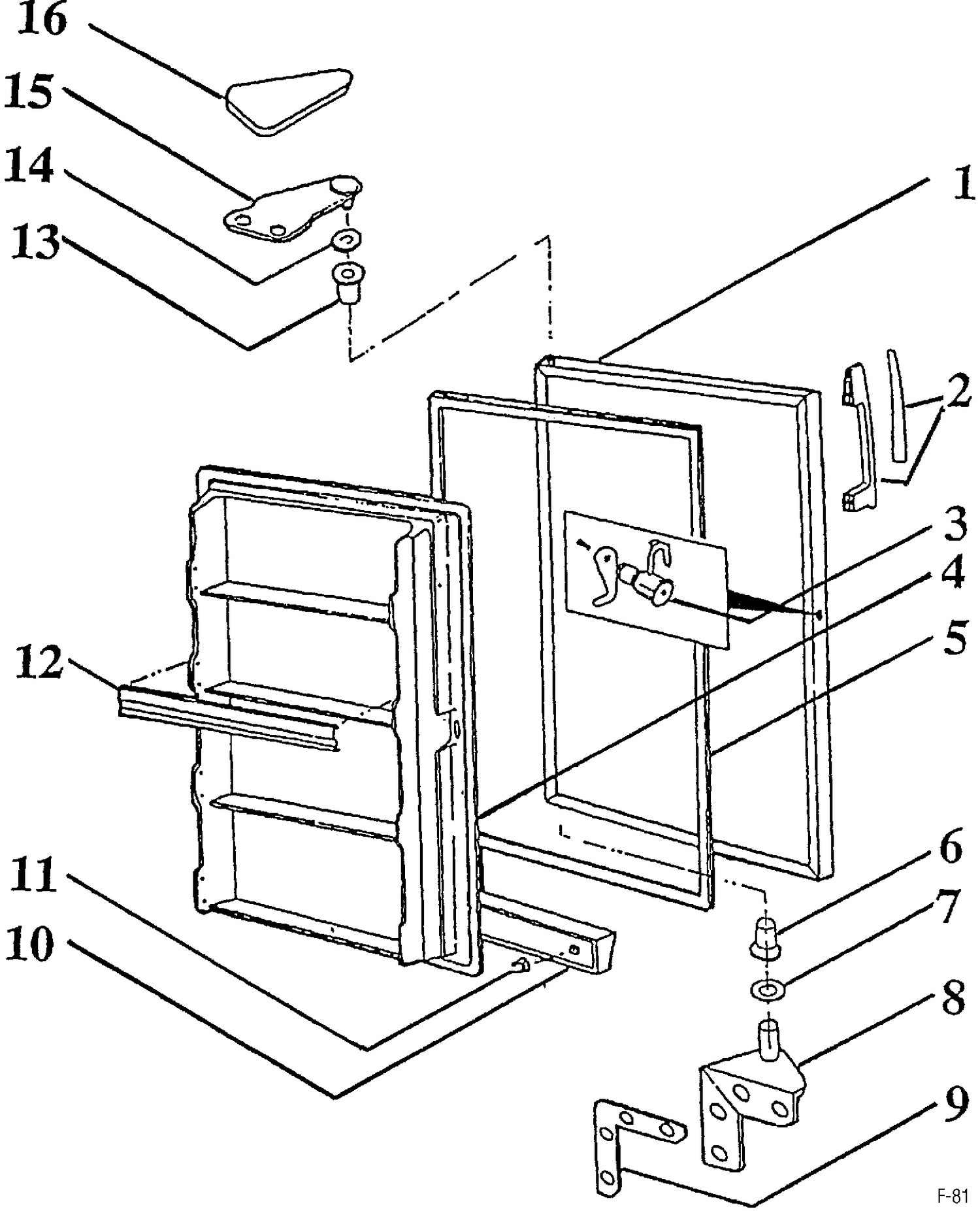 DOOR & COMPONENT GROUP Diagram and Parts List for DCGW131  General Electric Freezer