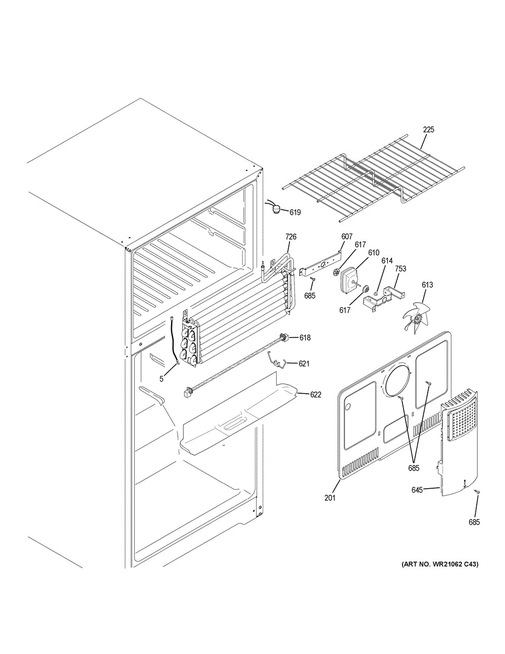 Freezer Section Diagram and Parts List for GIE18ETHSRWW  General Electric Refrigerator
