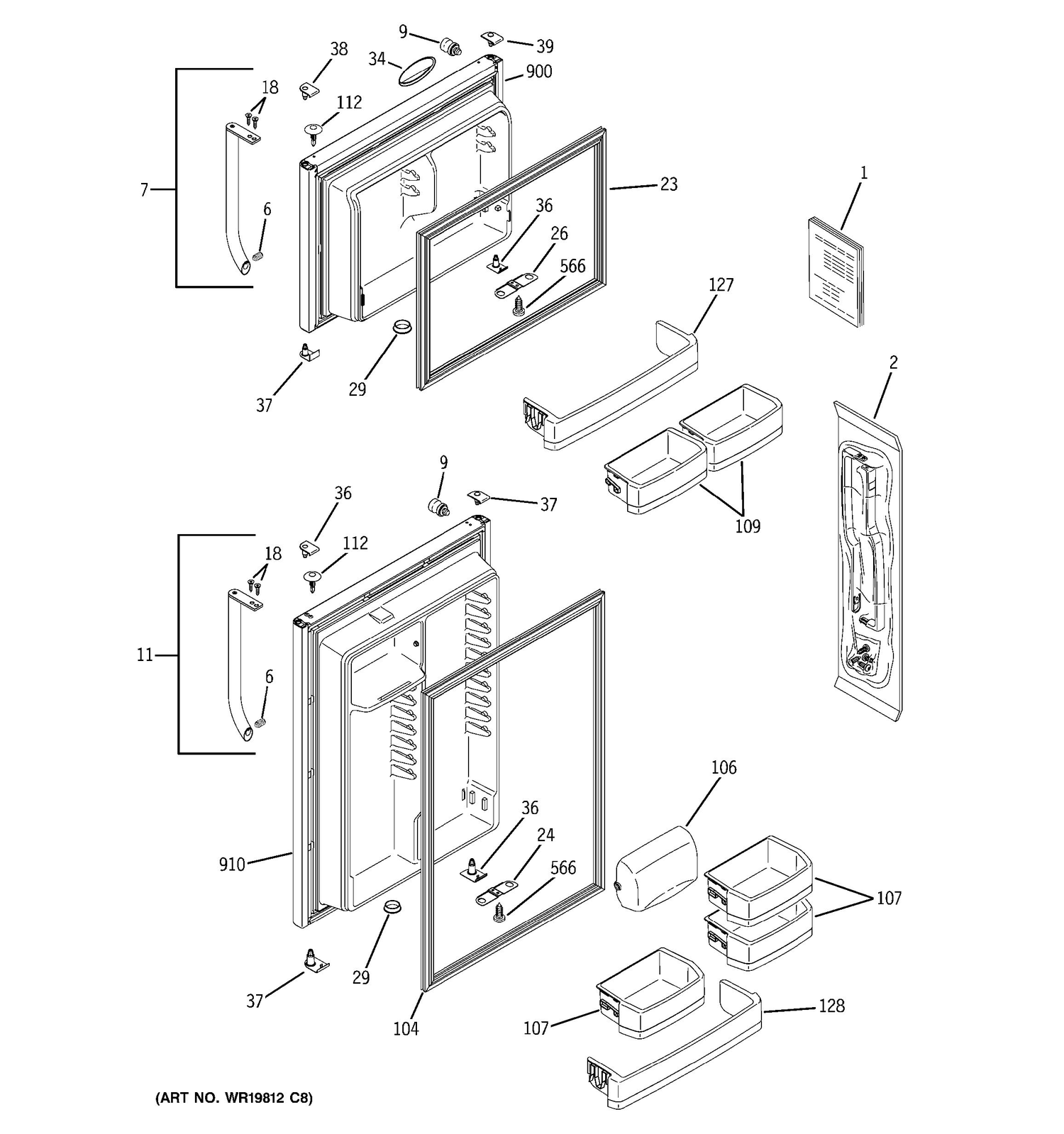 DOORS Diagram and Parts List for 38489KBSLRSS  General Electric Refrigerator