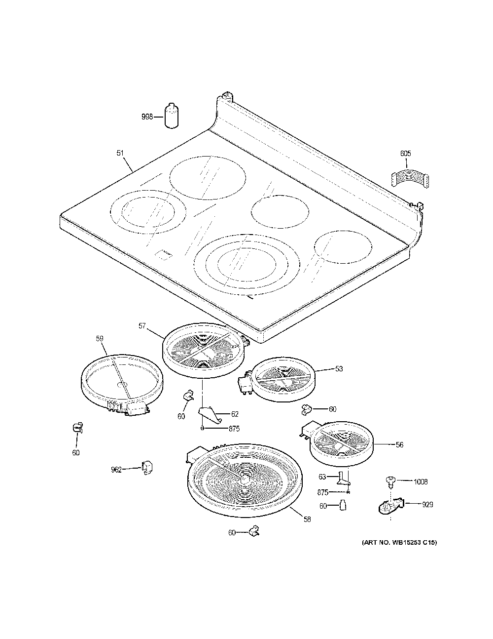 Cooktop Diagram and Parts List for PCB980SJ5SS  General Electric Range