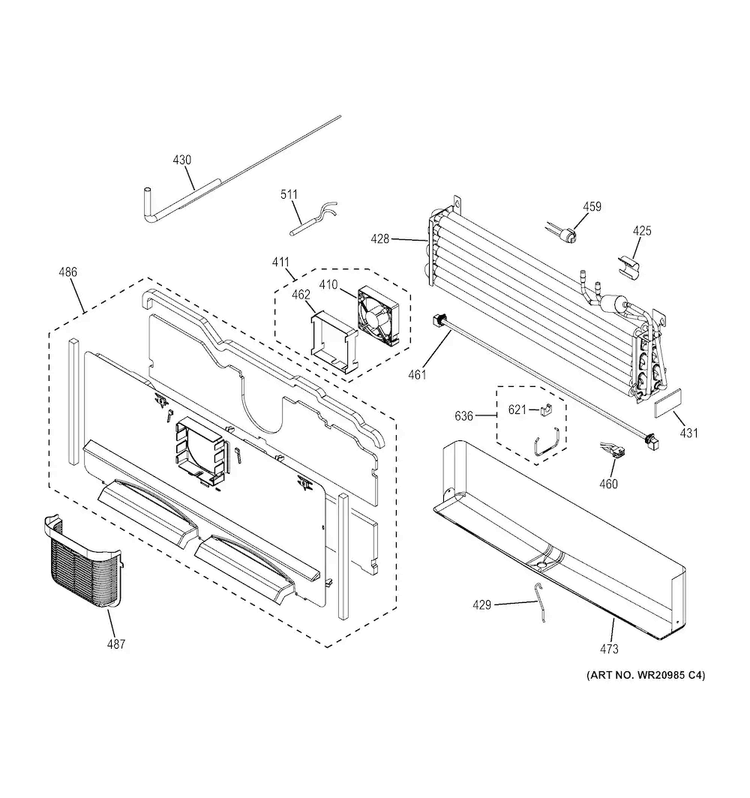 Freezer Section Diagram and Parts List for DFE28JGHDWW  General Electric Refrigerator