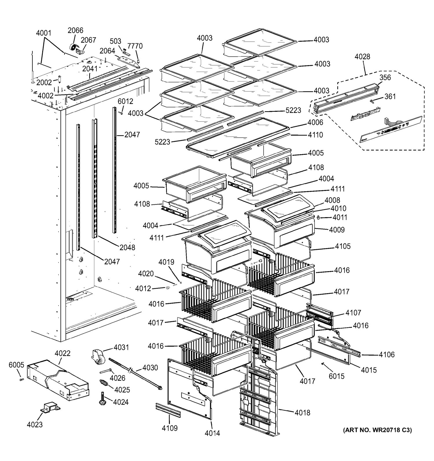 SHELVES & DRAWERS Diagram and Parts List for ZIR360NHBRH  General Electric Refrigerator