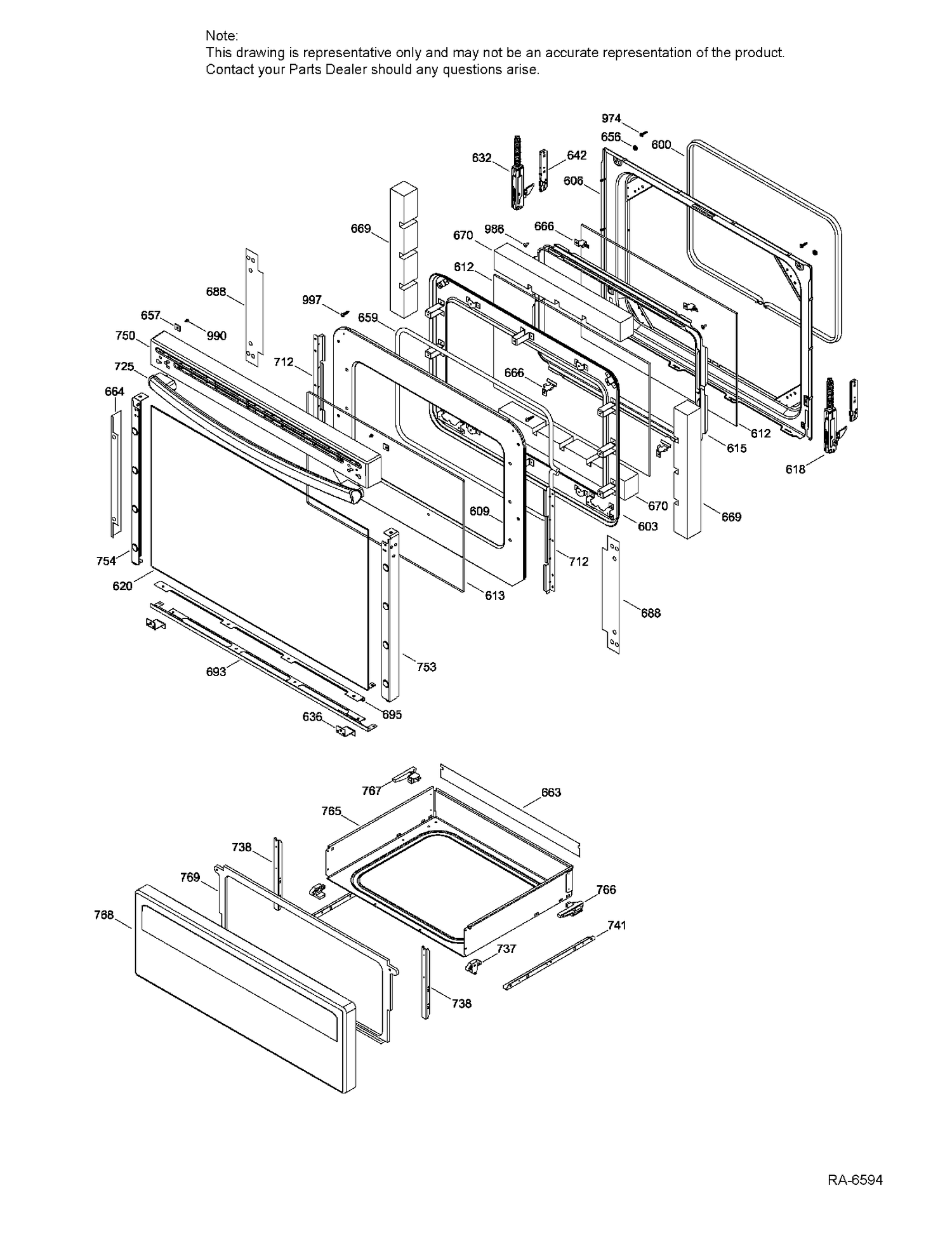 DOOR & DRAWER PARTS Diagram and Parts List for JCB560DJ2WW  General Electric Range