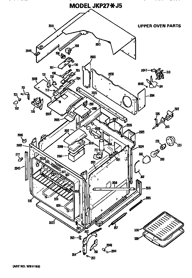 Upper Oven Diagram and Parts List for JKP27J5  General Electric Wall Oven