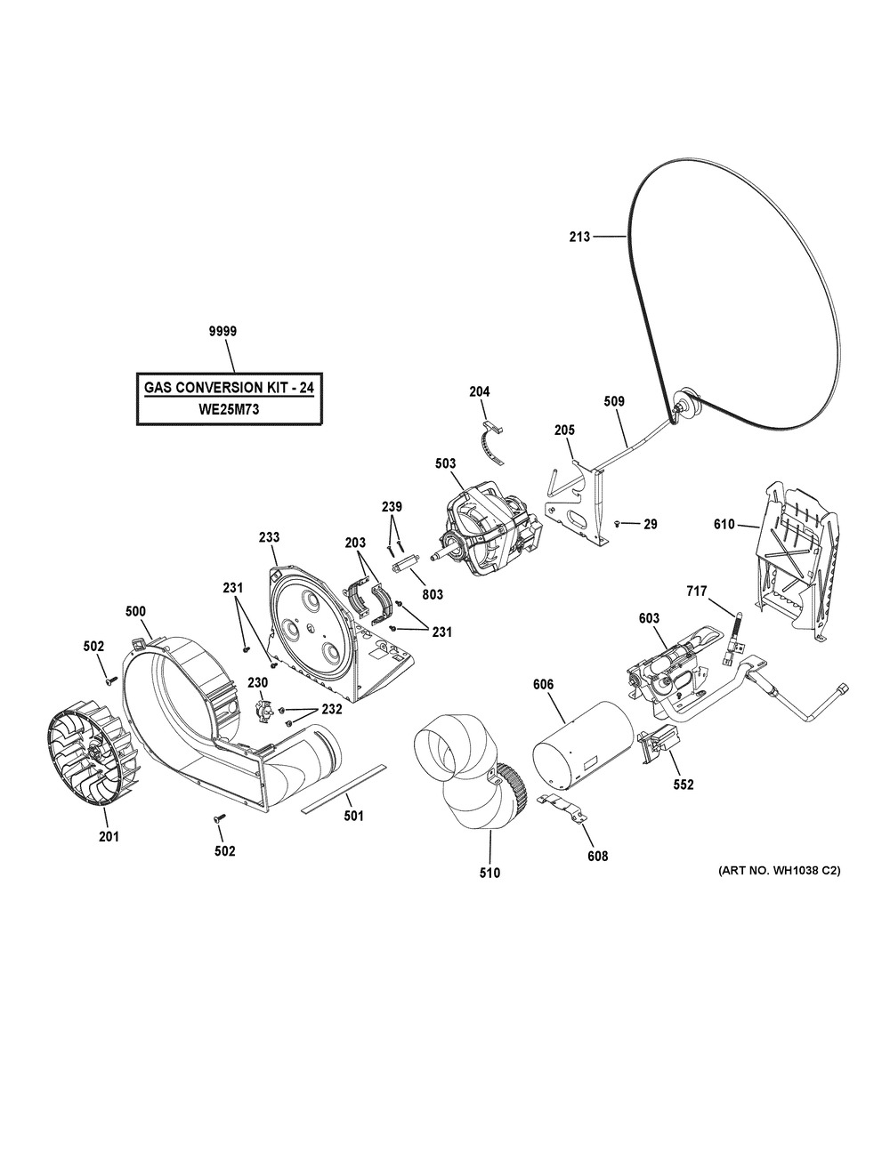Gas Valve, Blower & Motor Assembly Diagram and Parts List for GUD24GSSM0WW  General Electric Washer Dryer Combo