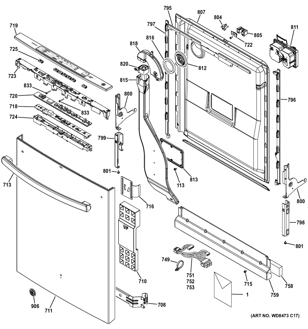Escutcheon And Door Asm Diagram and Parts List for GFMS170EH1WW  General Electric Dishwasher