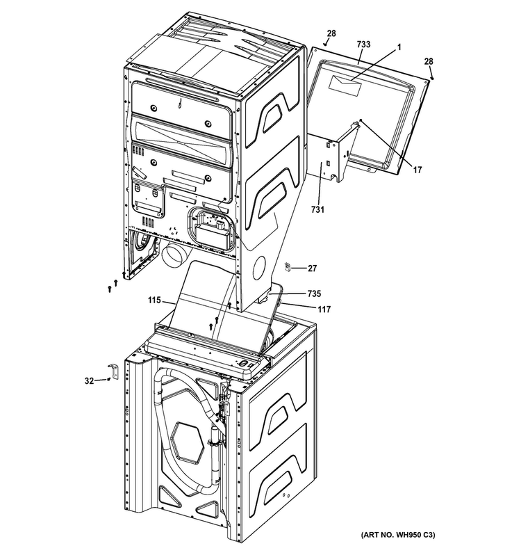 Cabinet Diagram and Parts List for GTUP240GM6WW  General Electric Washer Dryer Combo