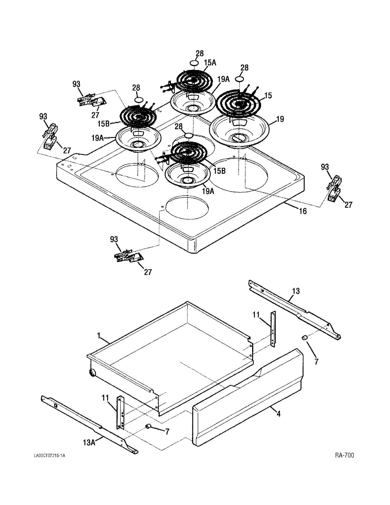 COOKTOP & DRAWER Diagram and Parts List for CRMF2150VB-5  General Electric Range