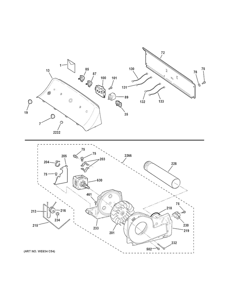 Backsplash, Blower & Motor Assembly Diagram and Parts List for GTD42EASJ0WW  General Electric Dryer