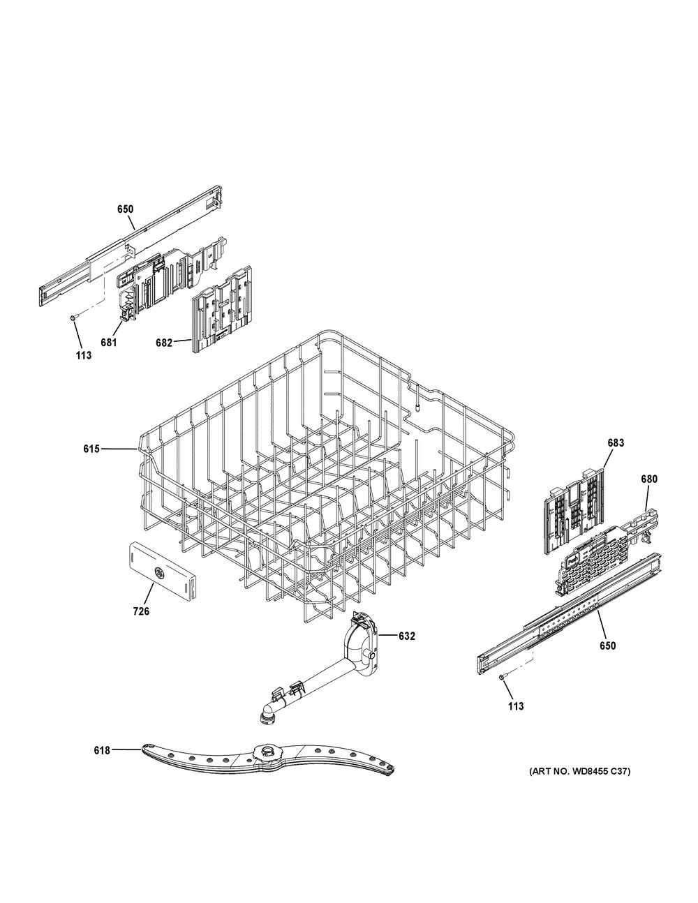 Upper Rack Assembly Diagram and Parts List for DDT595SGJ4BB  General Electric Dishwasher