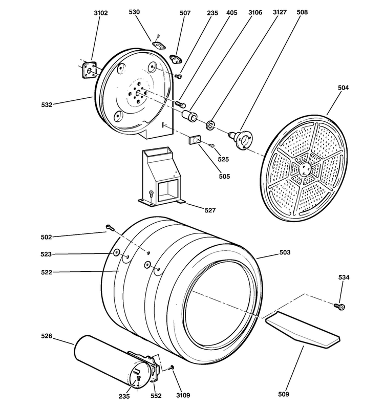 Drum Diagram and Parts List for DNSB514GB0WW  General Electric Dryer