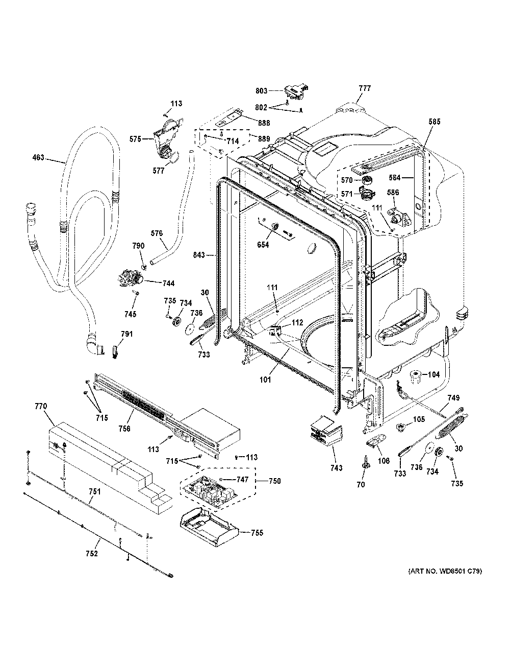 Body Parts Diagram and Parts List for GDP630PGR3BB  General Electric Dishwasher