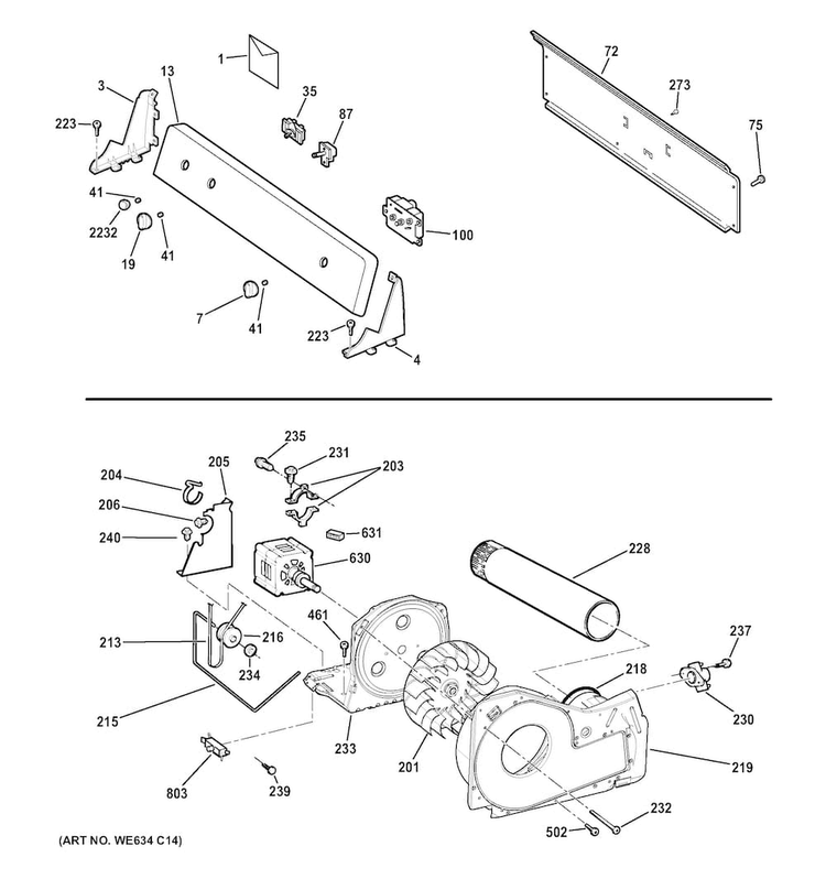Backsplash, Blower & Drive Assembly Diagram and Parts List for HTDX100GD2WW  Hotpoint Dryer