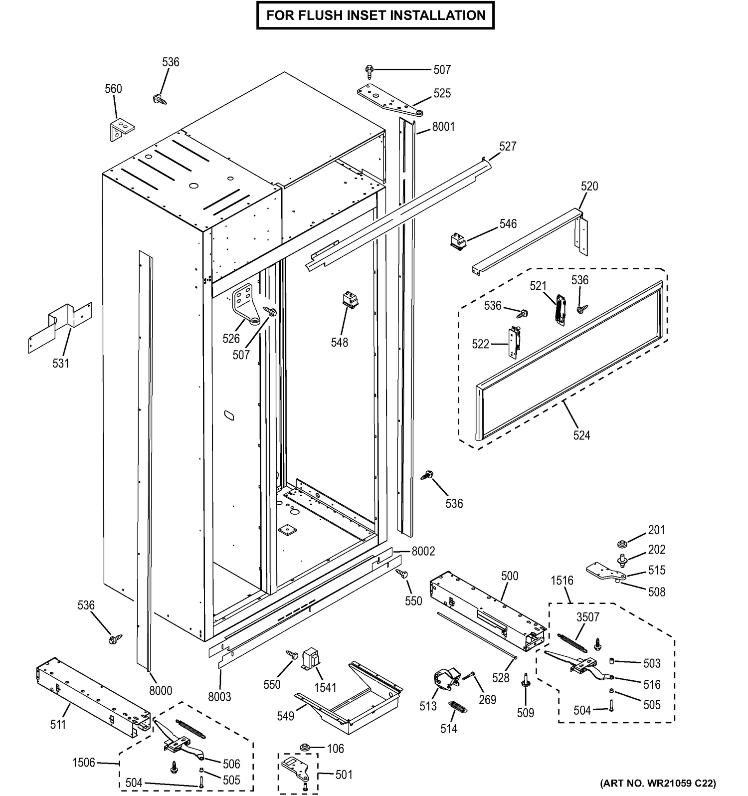 CASE PARTS - FLUSH INSET Diagram and Parts List for ZISB360DHC  General Electric Refrigerator