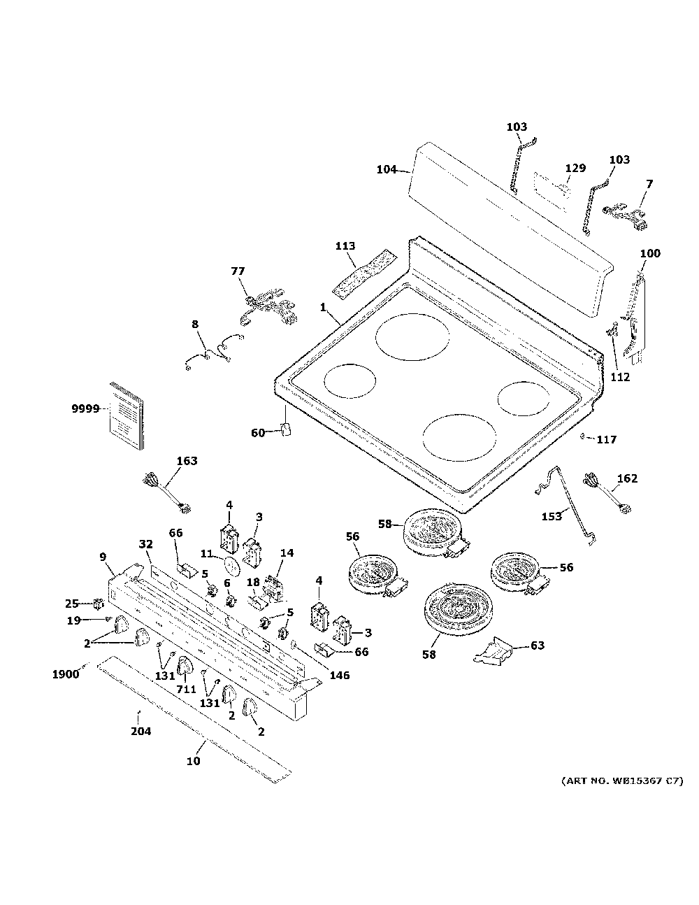 Control panel & cooktop Diagram and Parts List for JB480DM2WW  General Electric Range