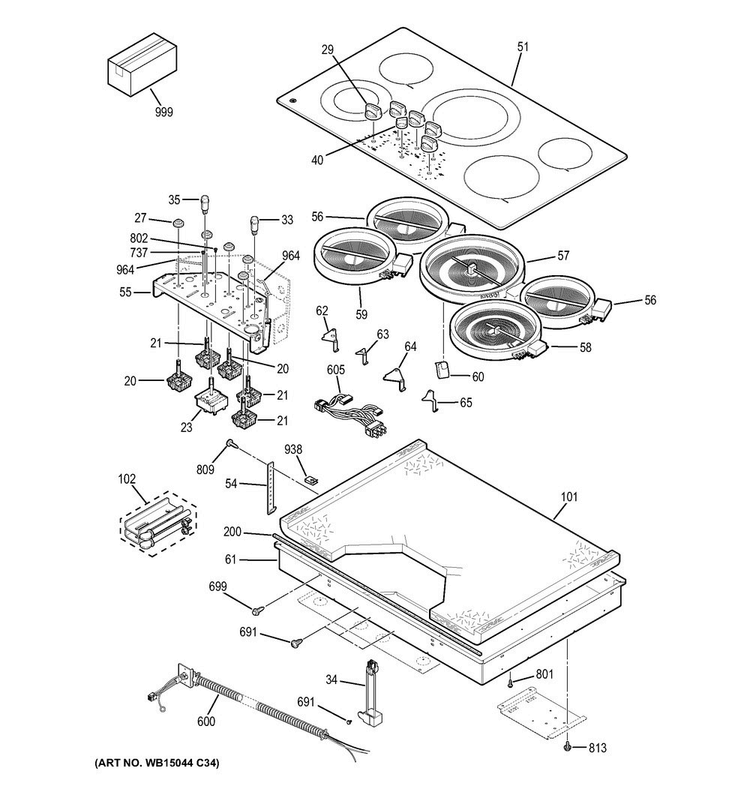 Control Panel & Cooktop Diagram and Parts List for JP3536TJ1WW  General Electric Cooktop