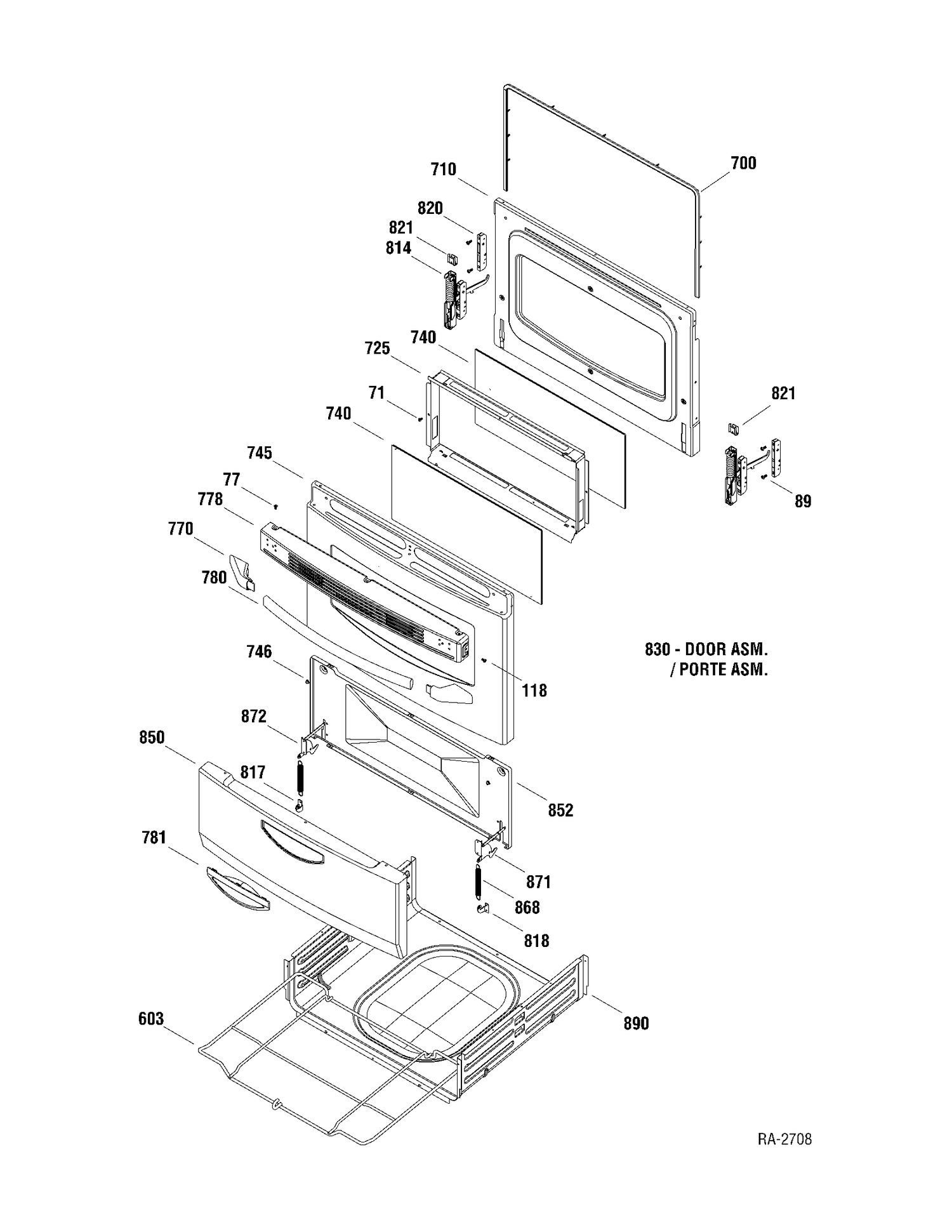 DOOR & DRAWER Diagram and Parts List for JGAS730EL1WW  General Electric Range