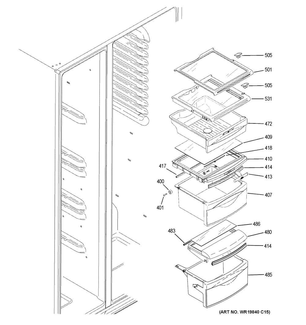 Fresh Food Shelves Diagram and Parts List for XSS23GSKMCSS  General Electric Refrigerator