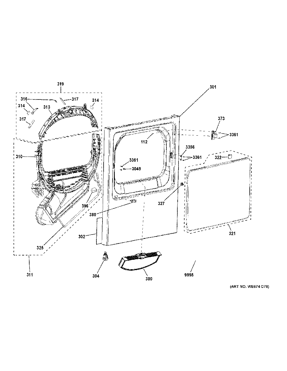 Front Panel And Door Diagram and Parts List for VTD52GASR0WB  General Electric Dryer
