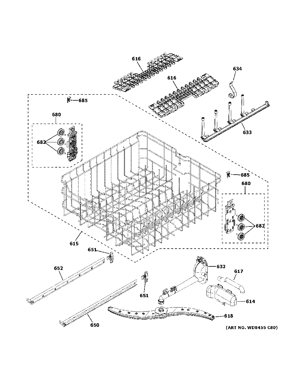 Upper rack assembly Diagram and Parts List for GDP615HYN4FS  General Electric Dishwasher