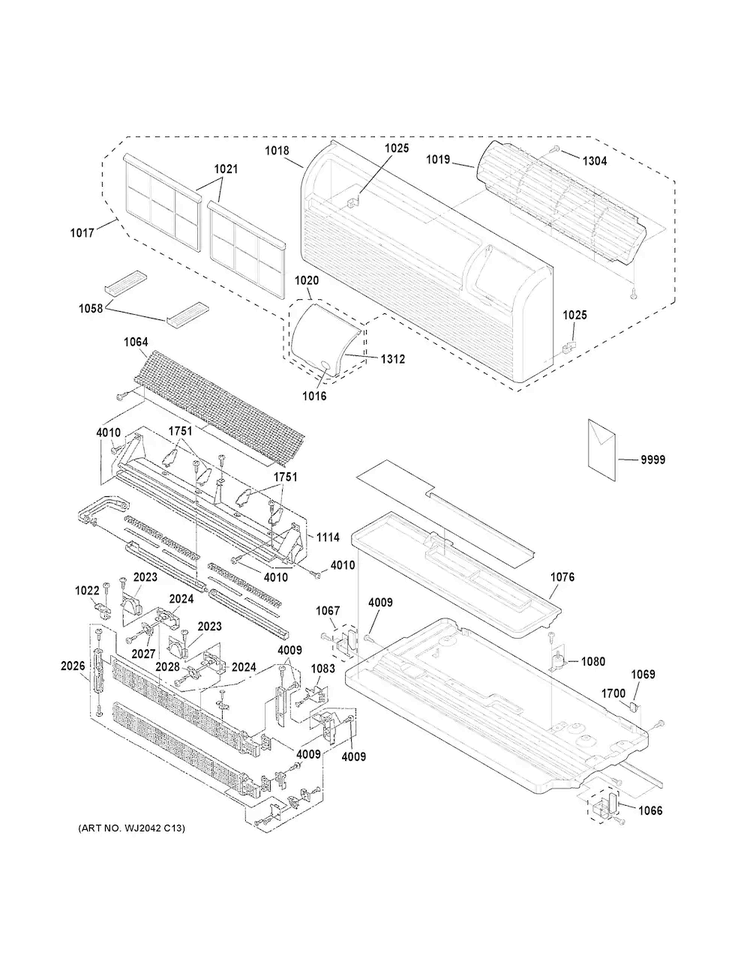 Grille, Heater & Base Pan Parts Diagram and Parts List for AZ61H15EACM3  General Electric Air Conditioner