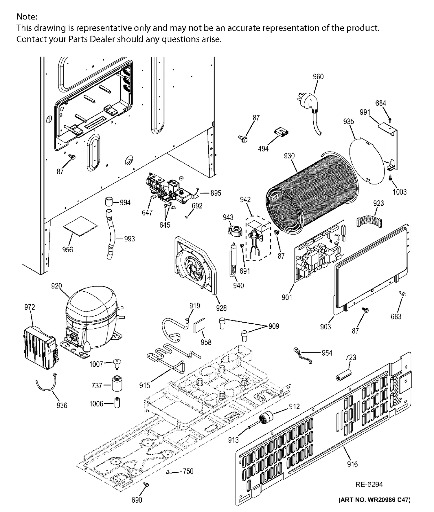 MACHINE COMPARTMENT Diagram and Parts List for PWE23KMDFES  General Electric Refrigerator