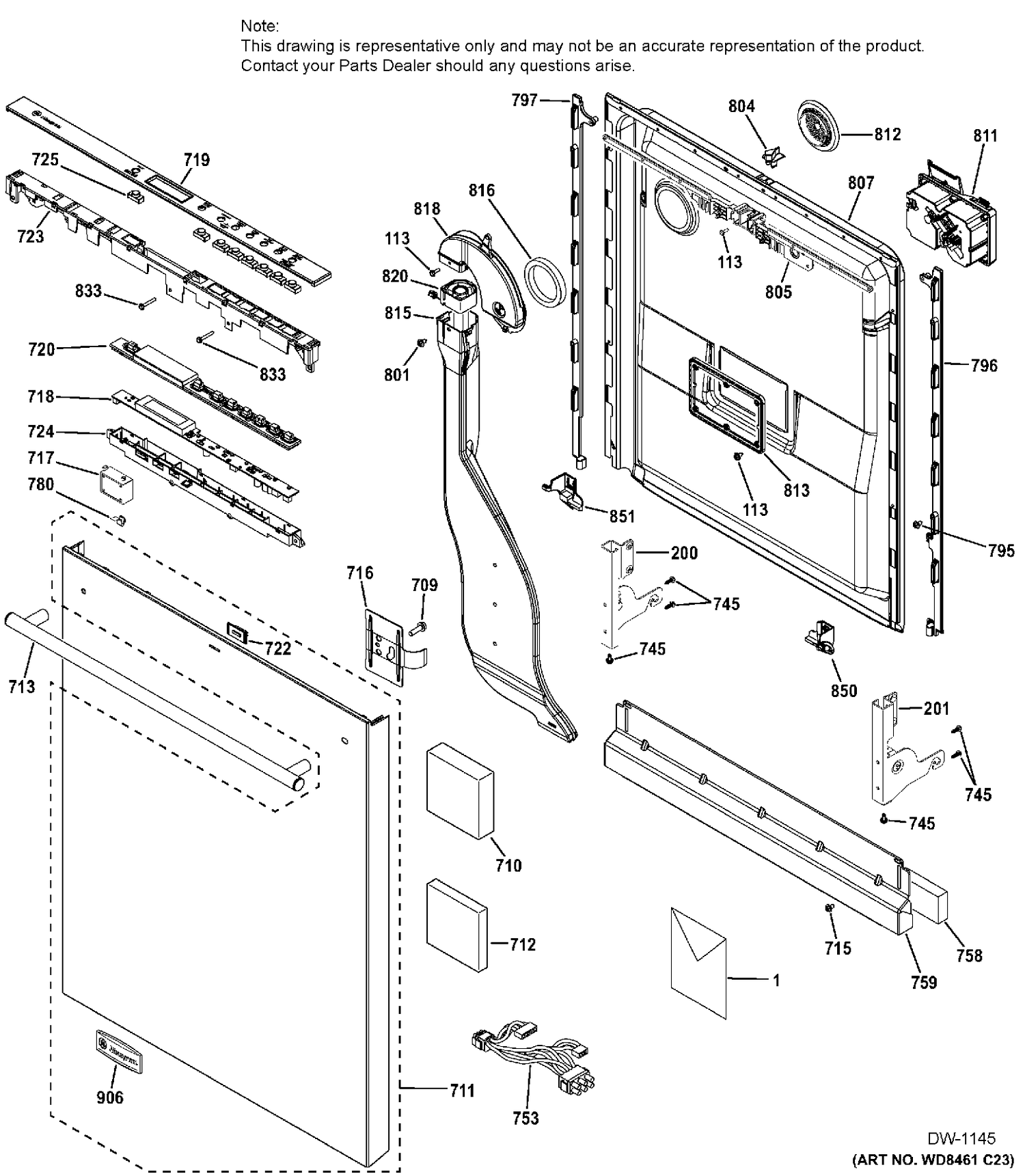 ESCUTCHEON & DOOR ASM Diagram and Parts List for ZDT975SSJ0SS  General Electric Dishwasher