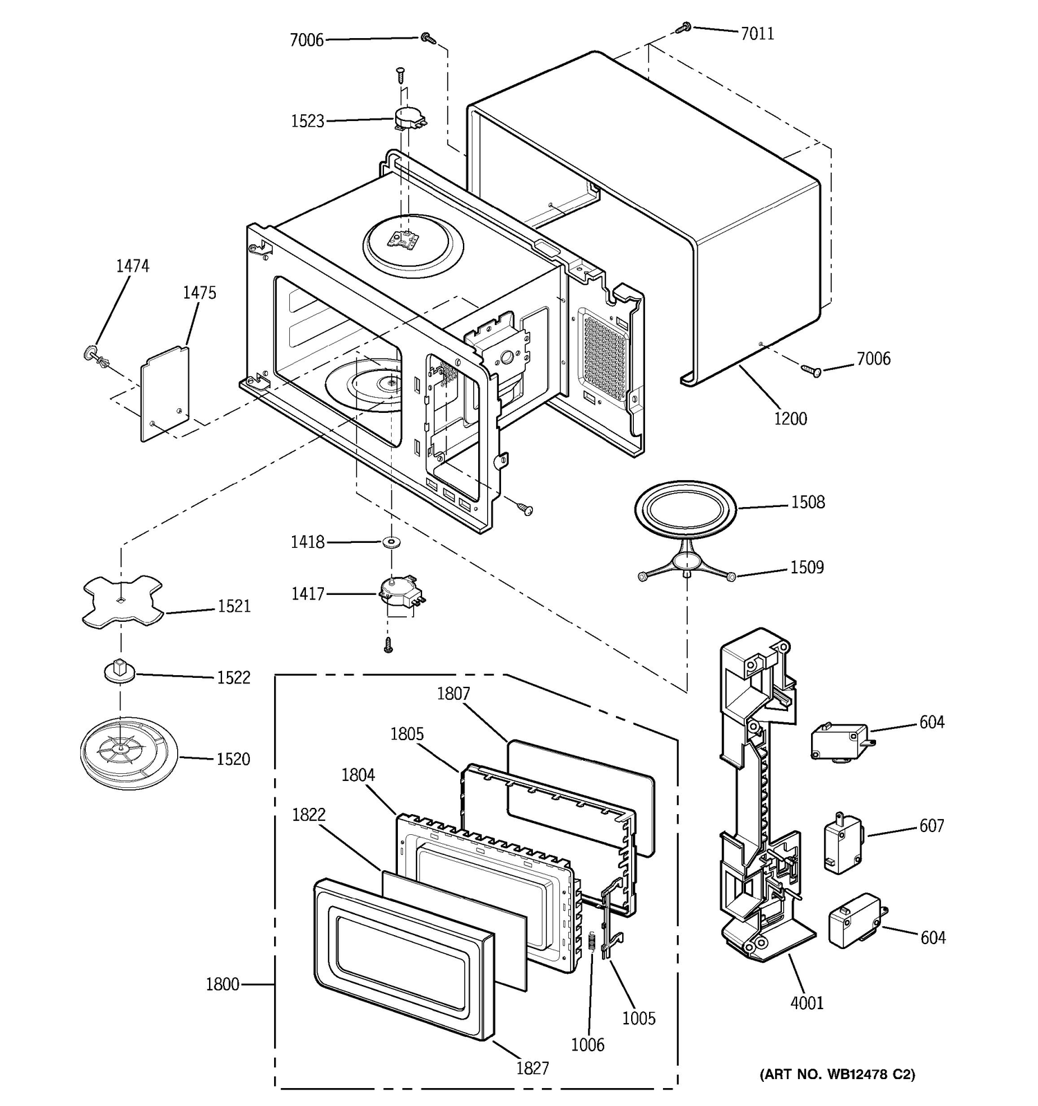 OVEN, DOOR & LATCH BOARD PARTS Diagram and Parts List for GLMB186KBB  General Electric Microwave