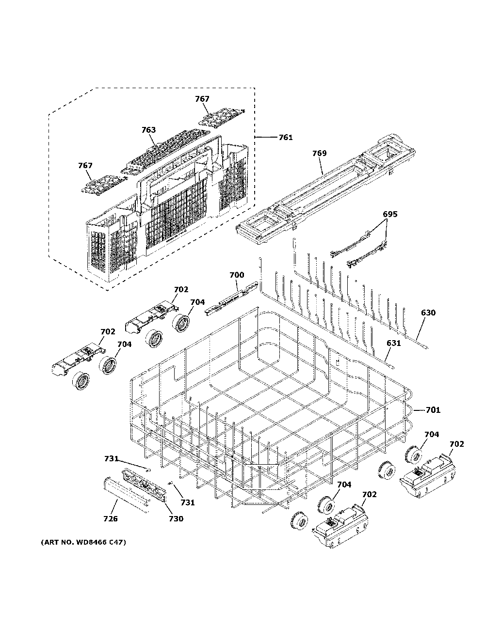 Lower rack assembly Diagram and Parts List for ZDT985SSN3SS  General Electric Dishwasher