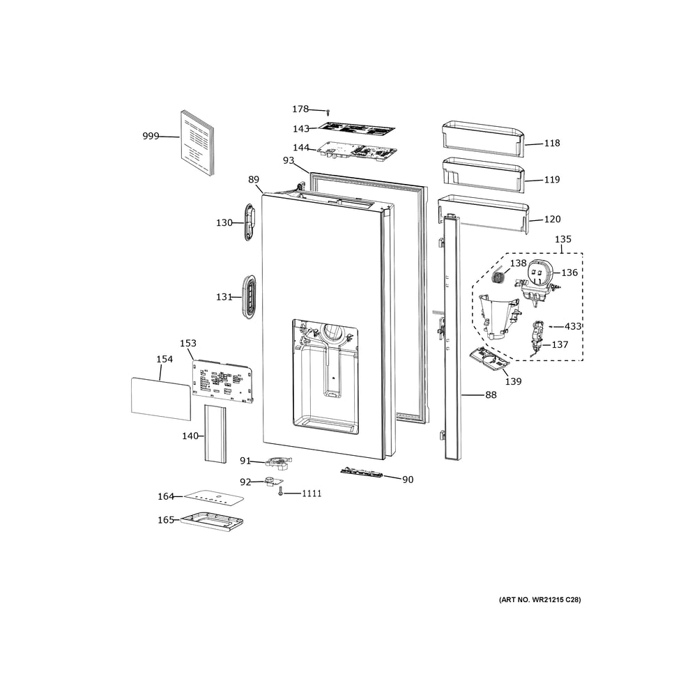 Dispenser Door Diagram and Parts List for CXE22DM5PFS5  General Electric Refrigerator