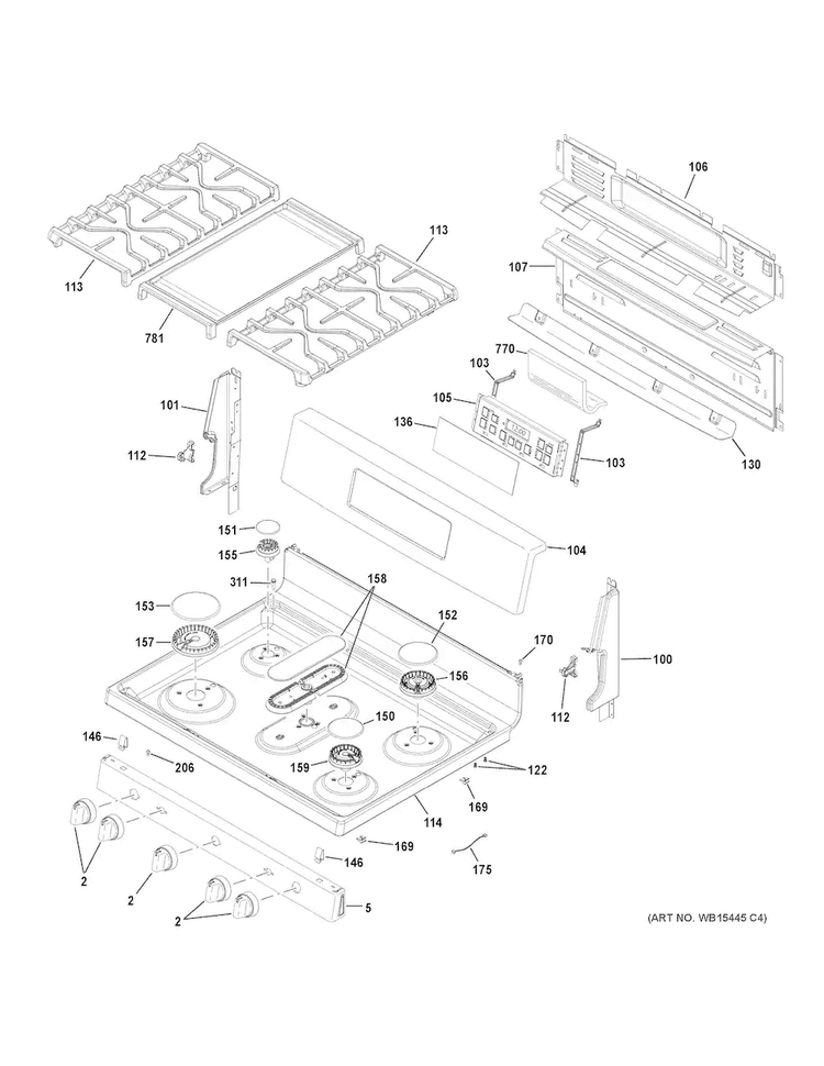 Control Panel & Cooktop Diagram and Parts List for JGB700EEJ1ES  General Electric Range