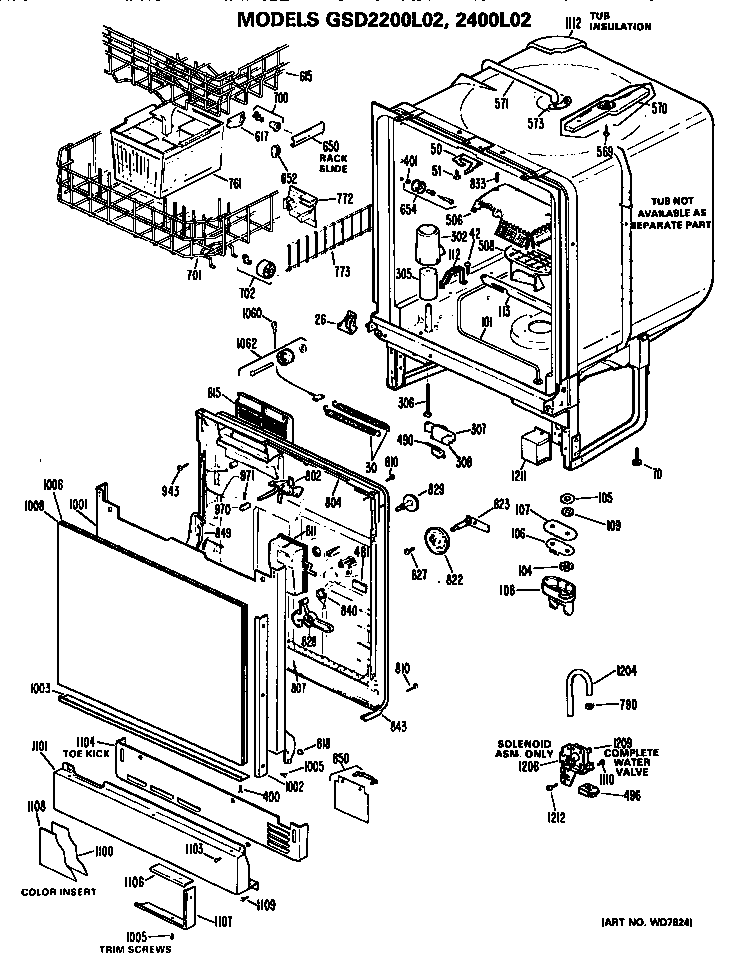 Tub/racks Diagram and Parts List for GSD2200L02BW  General Electric Dishwasher
