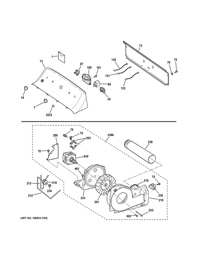 Backsplash, Blower & Motor Assembly Diagram and Parts List for GTD33PASK0WW  General Electric Dryer