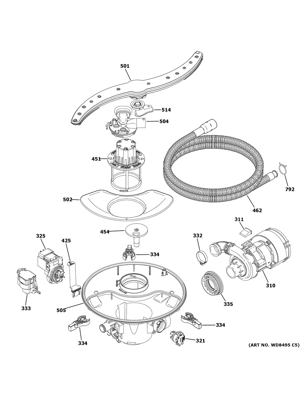 Motor, Sump & Filter Assembly Diagram and Parts List for DDT700SBN0TS  General Electric Dishwasher
