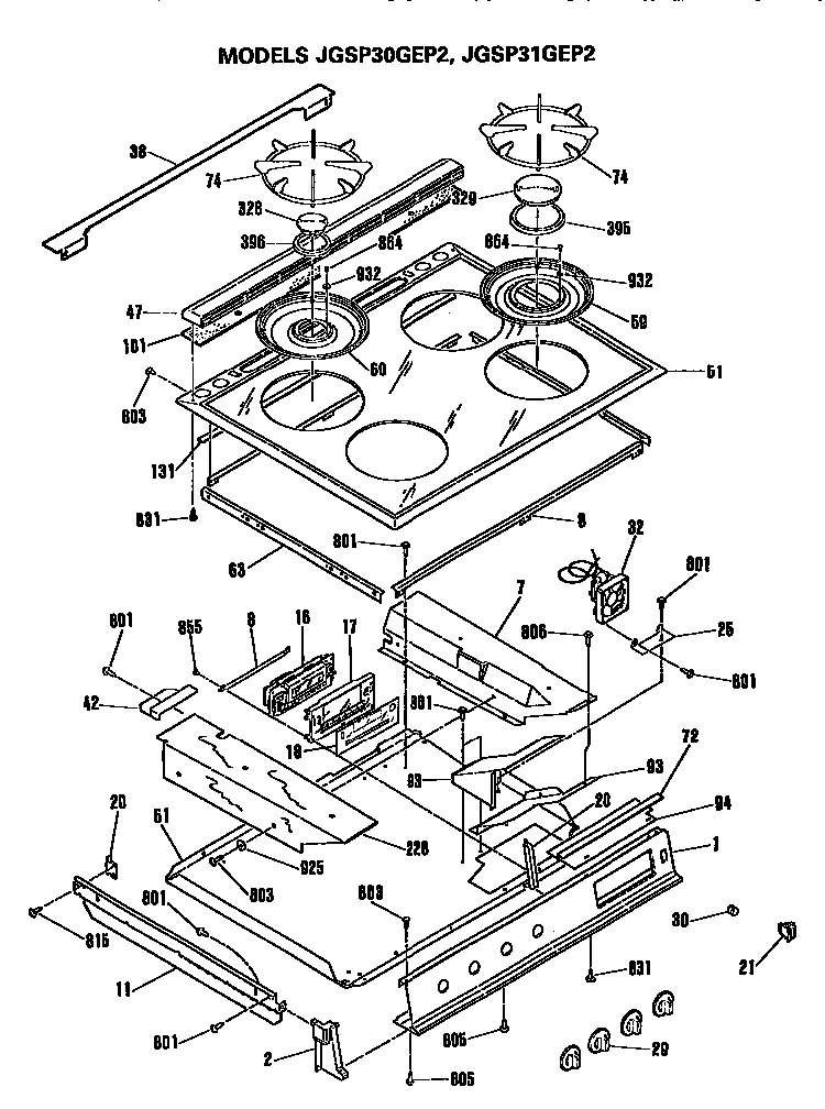 Cooktop Diagram and Parts List for JGSP30GEP2  General Electric Range