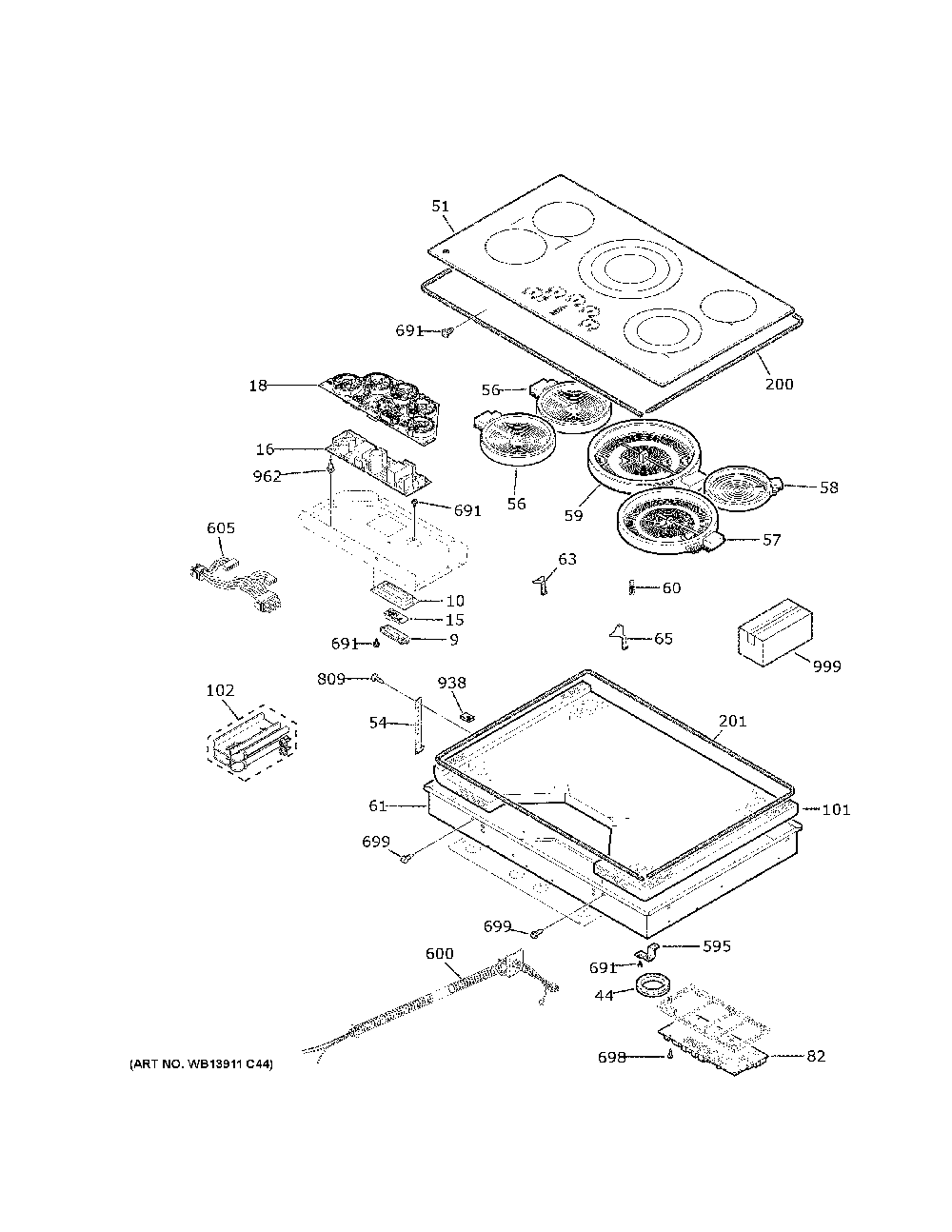 Control Panel And Cooktop Diagram and Parts List for PEP9036DT1BB  General Electric Cooktop
