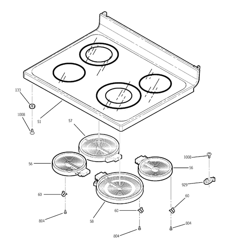 Cooktop Diagram and Parts List for JBP78DD1CC  General Electric Range