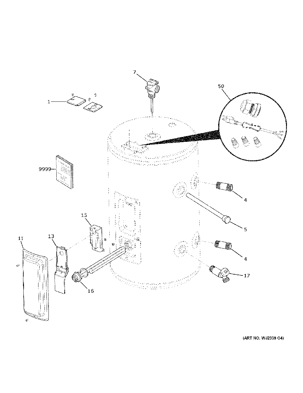 Water Heater Diagram and Parts List for GE20P08BAR01  General Electric Water Heater