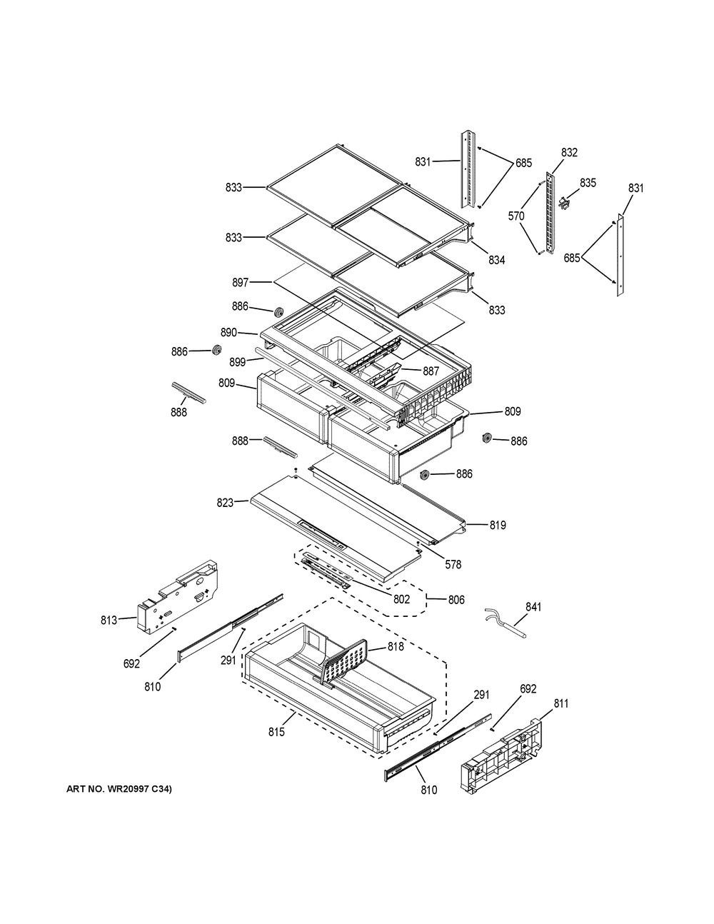 Fresh Food Shelves Diagram and Parts List for CWE23SP4MBW2  General Electric Refrigerator